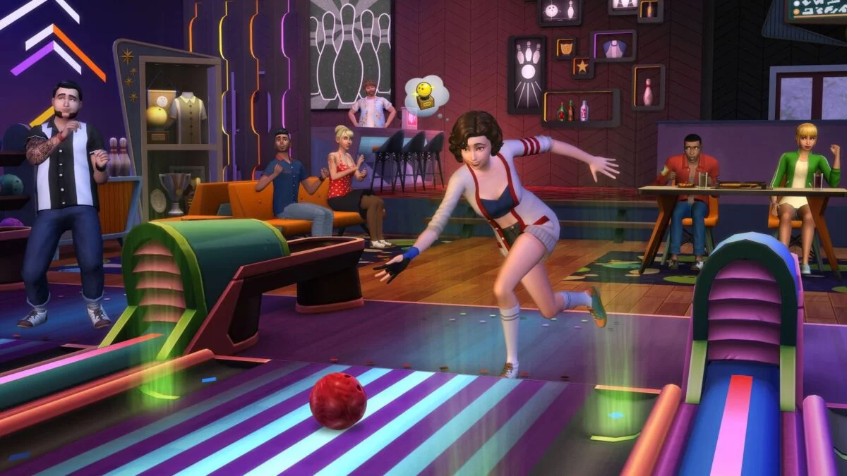 Sim woman uses bowling lane in Sims 4, others are watching