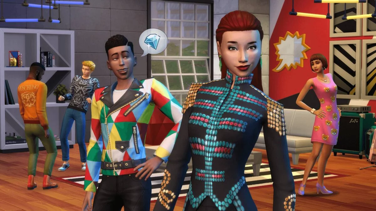 Two Sims pose in fashionable and flashy clothes in Sims 4