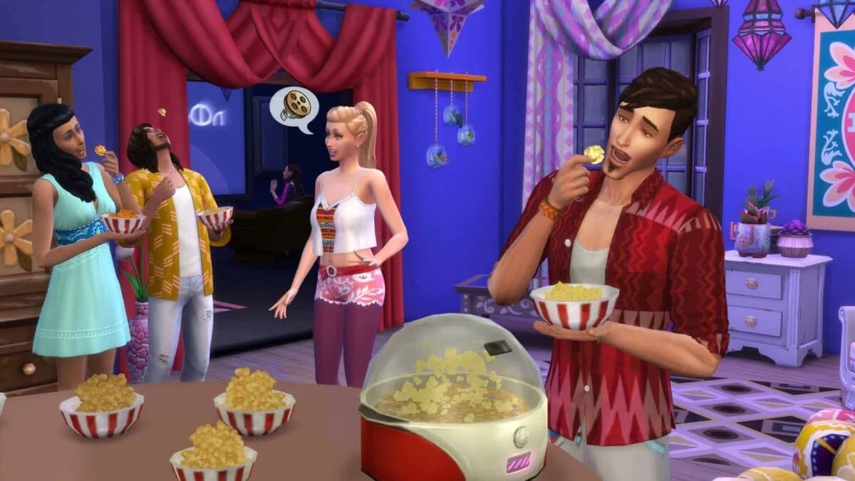 Sim in front eating popcorn, in the background a group of Sims talking to each other