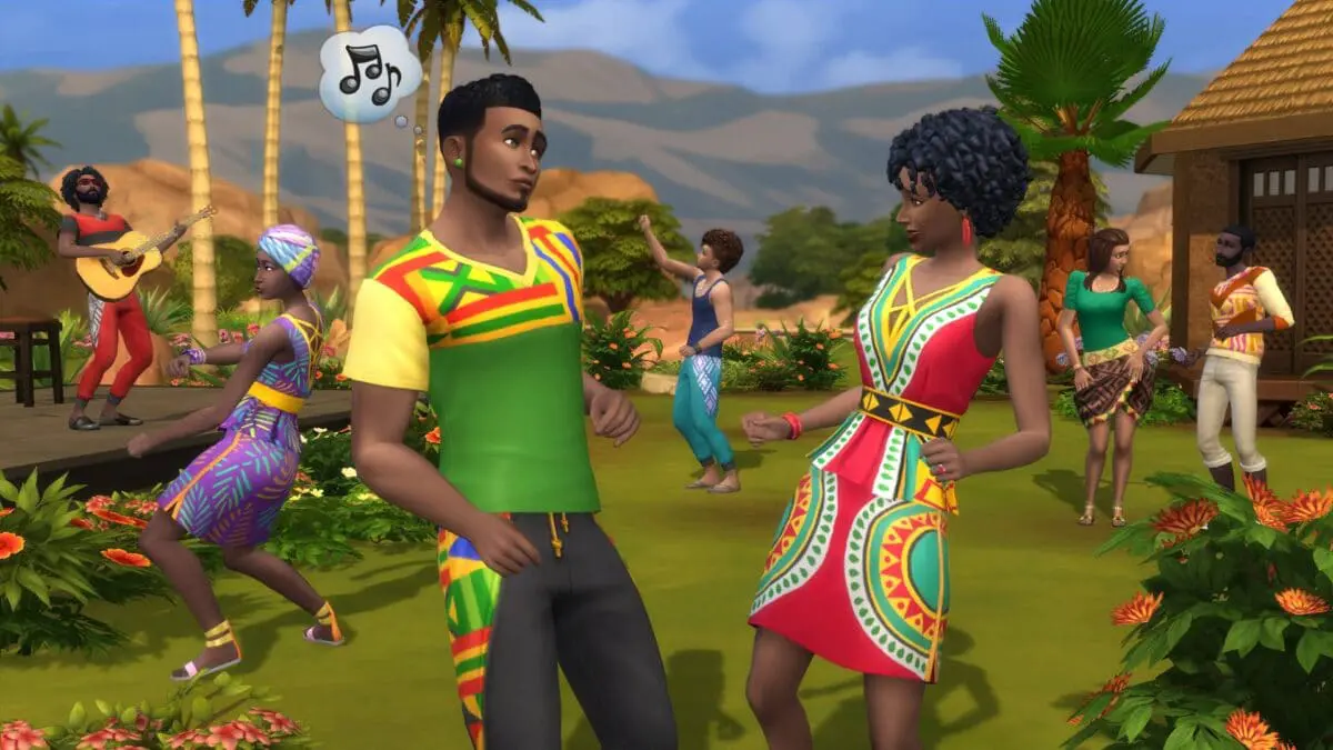 Two Sims establishing a relationship in a blooming garden in Sims 4