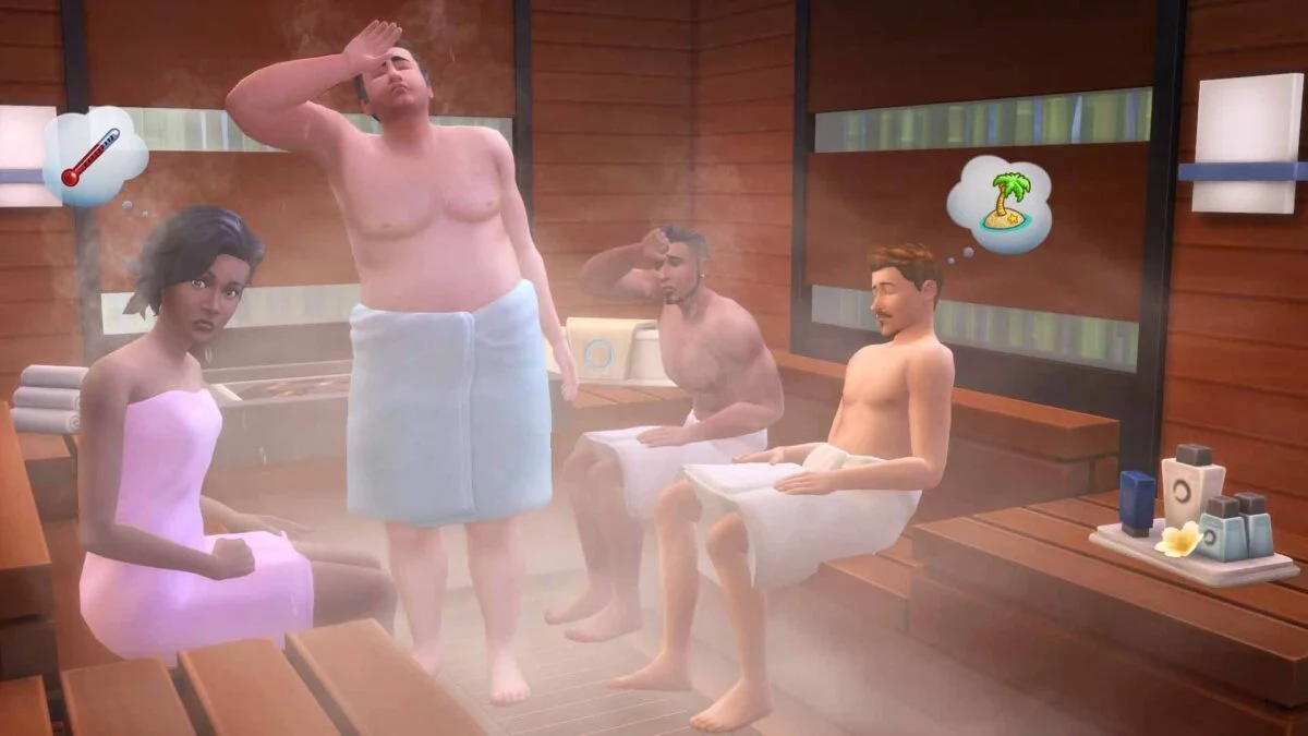 Several Sims are sweating in the sauna