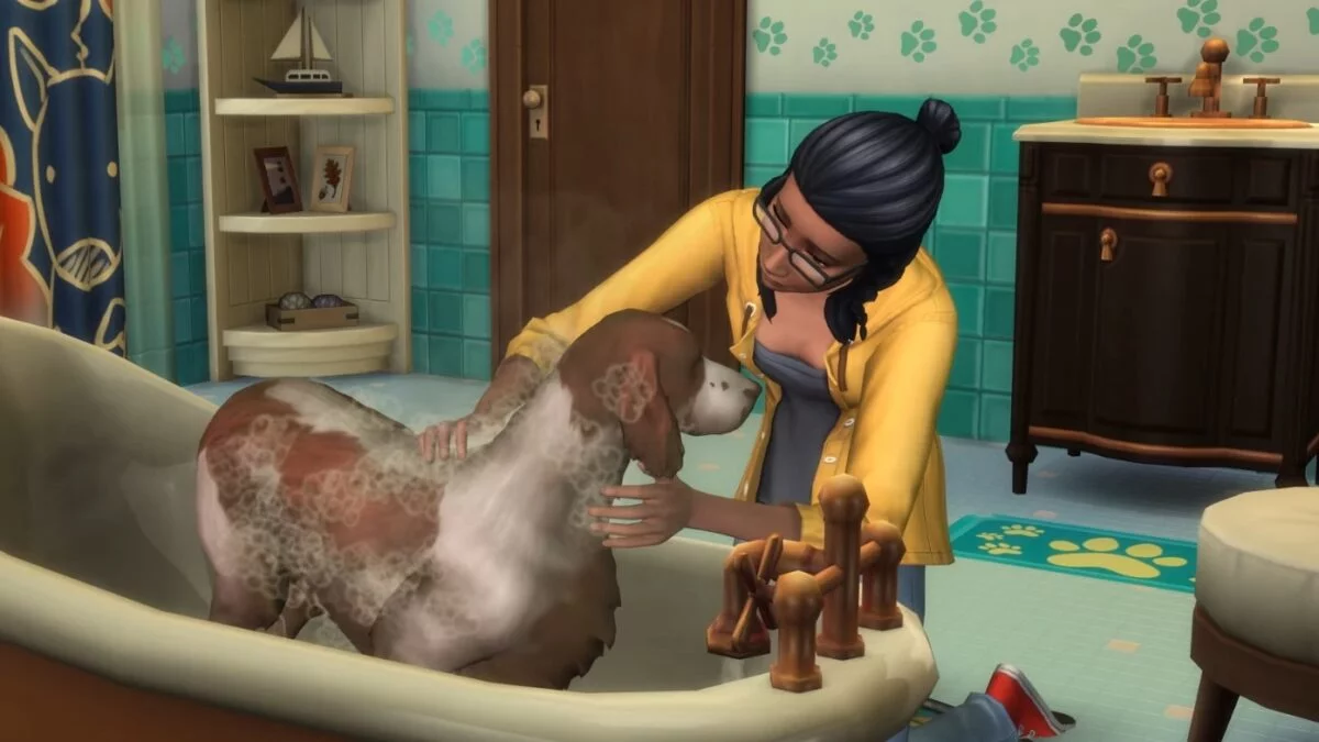 Frau wäscht Hund in Badewanne