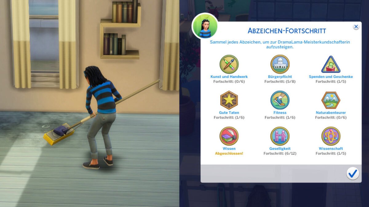 Sims 4 Jahreszeiten Sim-Mädchen putzt mit Schrubber dreckigen Boden, daneben Pfadfinder-Abzeichenübersicht