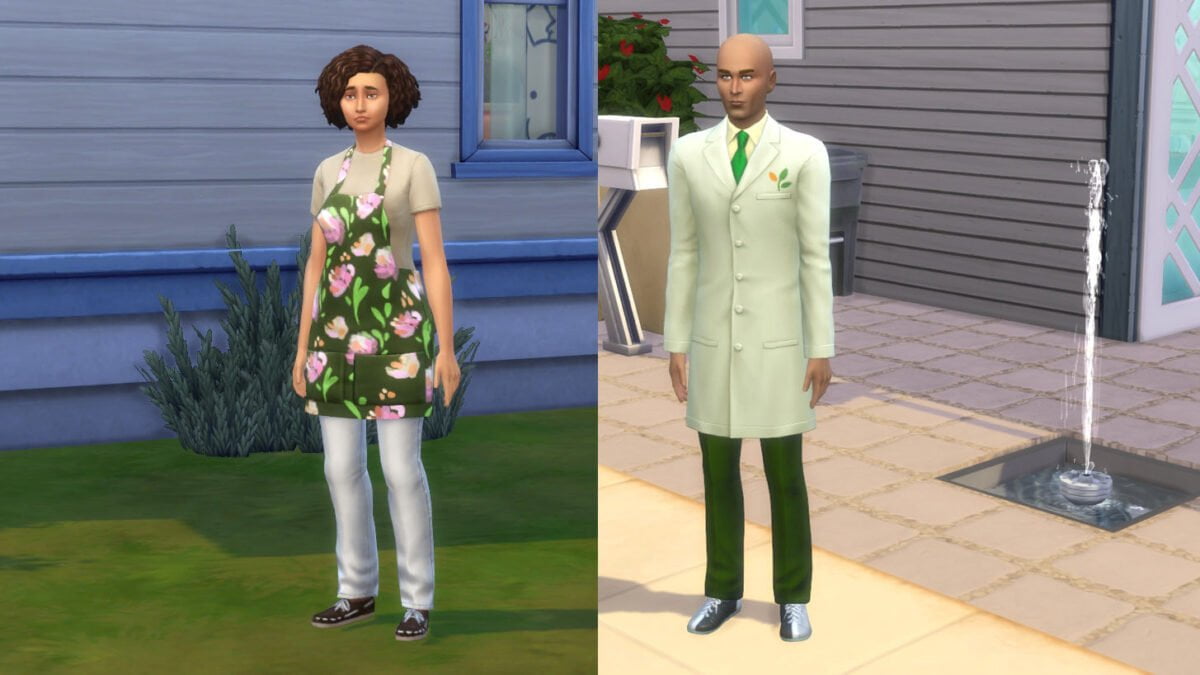 Sims 4 Jahreszeiten Sim-Frau mit Blumenschürze und Sim-Mann mit hellgrünem Laborkittel