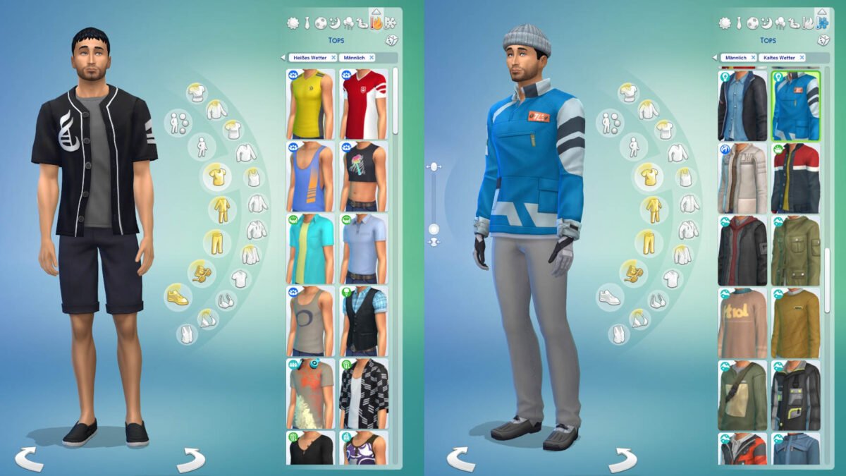 Sims 4 Jahreszeiten Blick in den Create-a-Sim-Modus mit Kleidung für kalte und heiße Temperaturen für einen Sim
