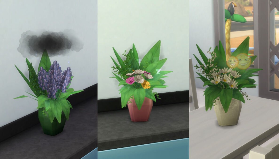 Sims 4 Jahreszeiten drei verschiedene Blumengestecke mit Parfüm-Wirkung