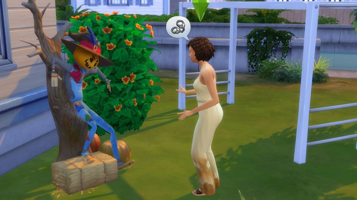 Sims 4 Jahreszeiten Sim-Frau spricht angeregt mit an knorrigem Baum angelehnter Vogelscheuche