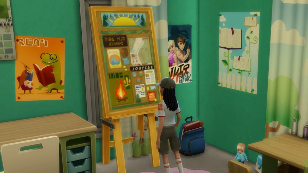 Sims 4 Jahreszeiten Sim-Mädchen in Pfadfinderuniform steht in Kinderzimmer vor Pfadfinder-Abzeichentafel