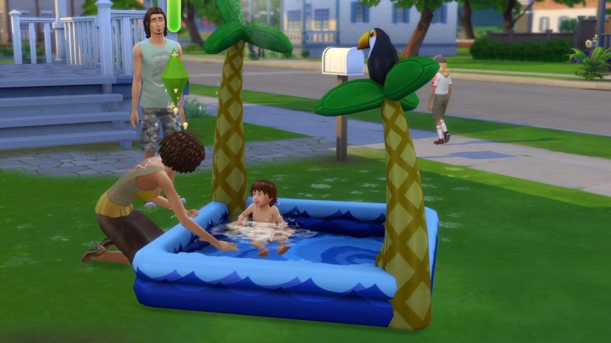 Sims 4 Jahreszeiten Sim-Mutter spielt mit Kind im Planschbecken