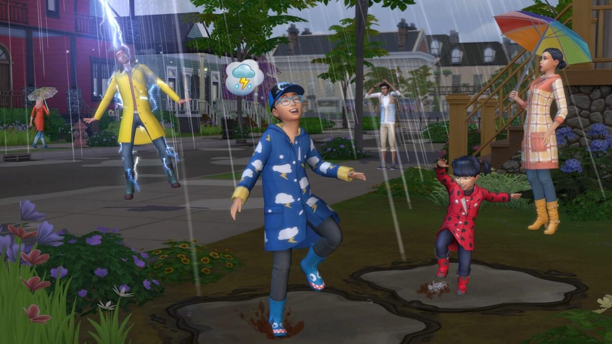 Sims 4 Jahreszeiten mehrere Sims sind bei Regenwetter draußen unterwegs