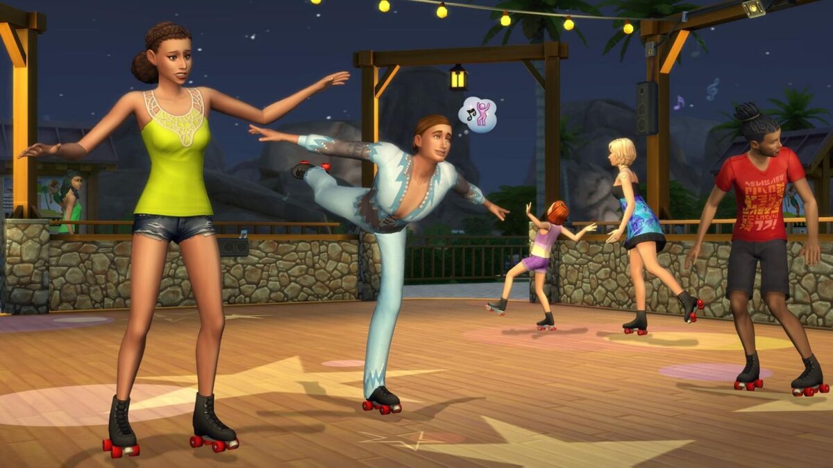 Sims 4 Jahreszeiten Sims in Ausgehkleidung nutzen eine Rollschuhbahn