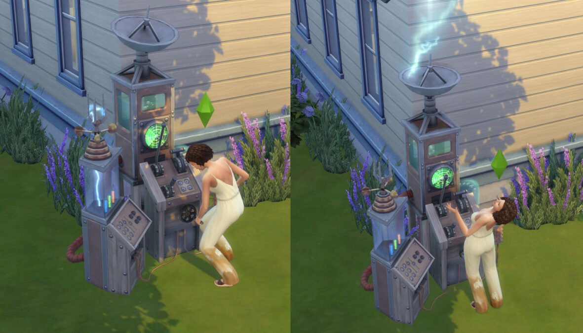 Sims 4 Jahreszeiten Sim-Frau an seltsamer Maschine, aus der ein Blitz gen Himmel aufsteigt