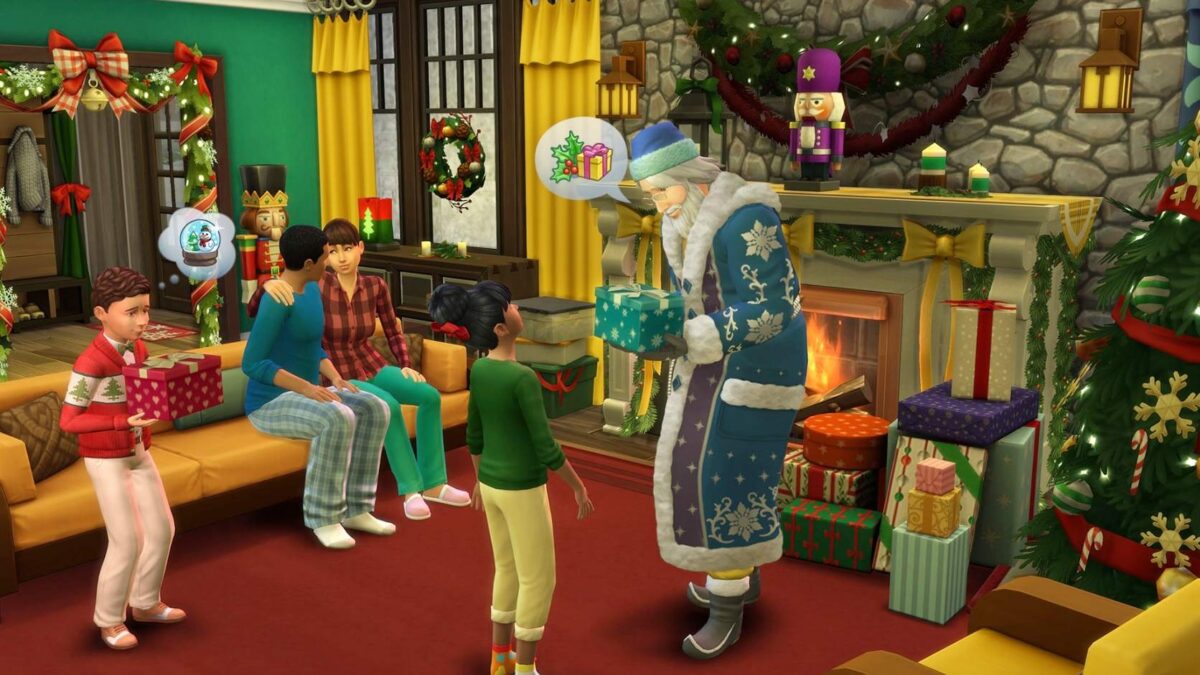Sims 4 Jahreszeiten einige Sim-Kinder erhalten von Väterchen Frost Geschenke beim Winterfest