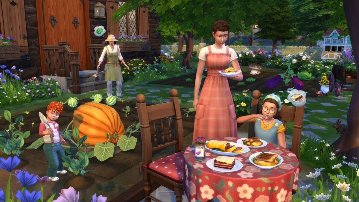 Sims 4 Landhaus-Leben Guide Sim-Familie am Esstisch im Freien, Kind gärtnert im Hintergrund