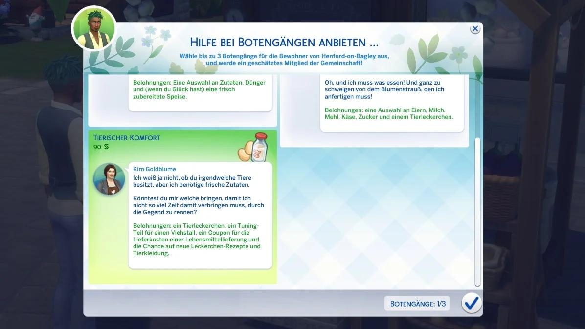 Sims 4 Landhaus-Leben Guide Übersicht von drei Botengang-Aufgaben