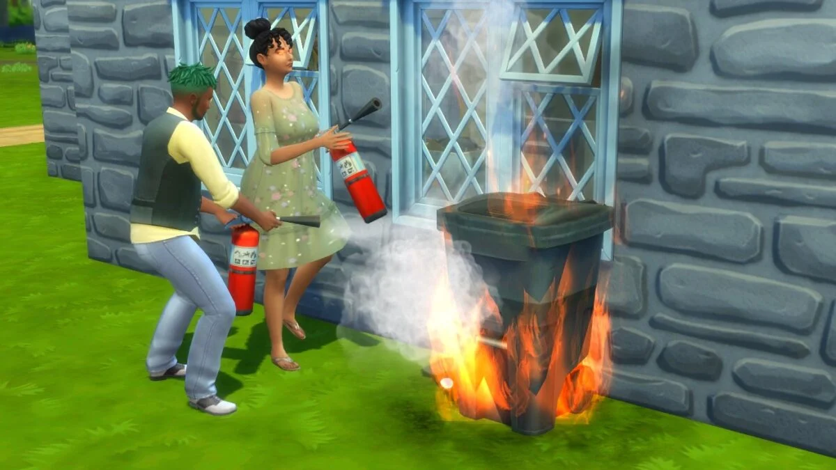 Sims 4 Landhaus-Leben Guide Zwei Sims mit Feuerlöschern löschen brennende Mülltonne