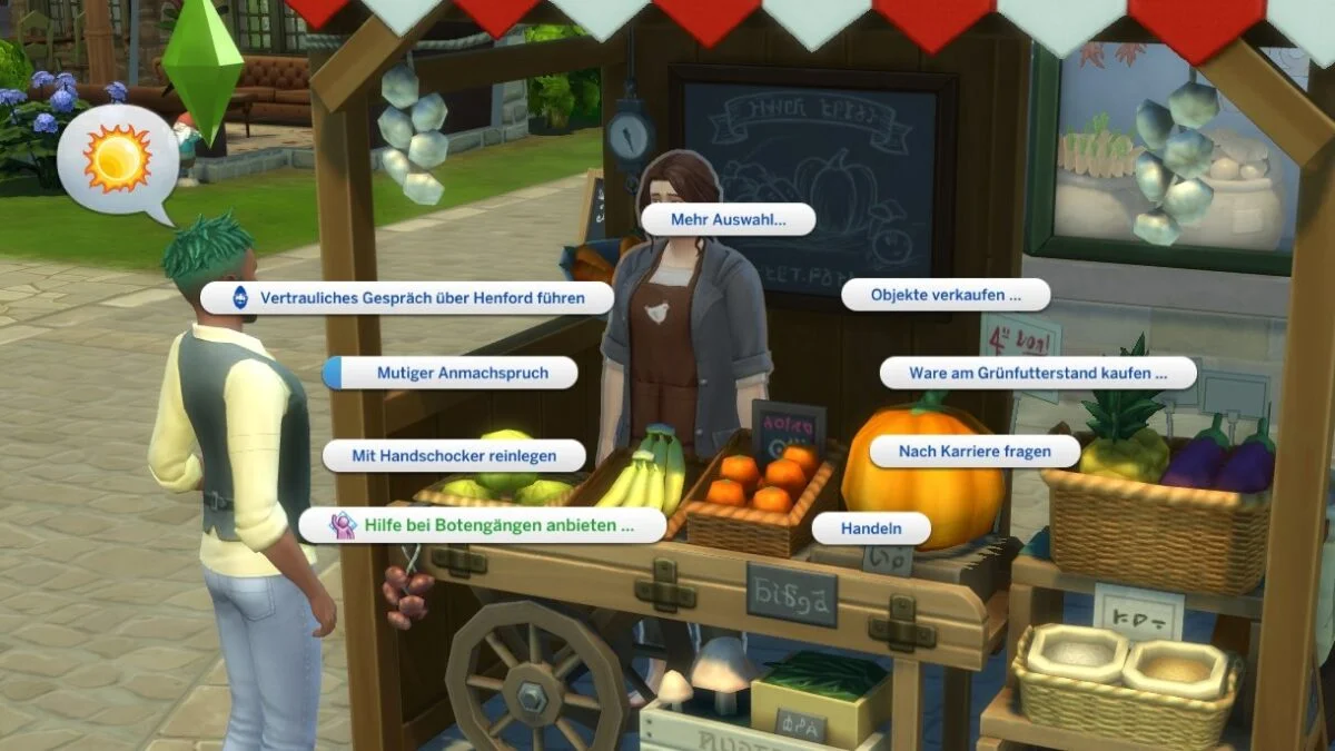 Sims 4 Landhausleben Guide Sim bei Grünfutterstand in Finchwick mit Gesprächsoptionenmenü