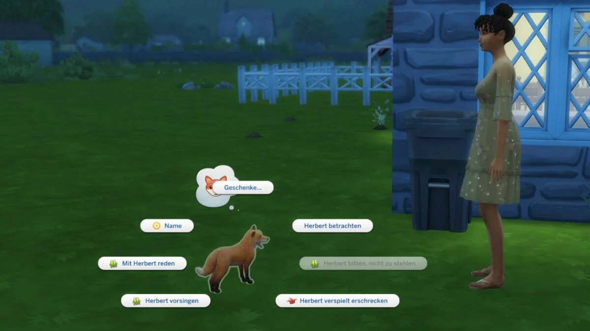 Sims 4 Landhaus-Leben Guide Sim und Fuchs mit Interaktions-Optionsmenü