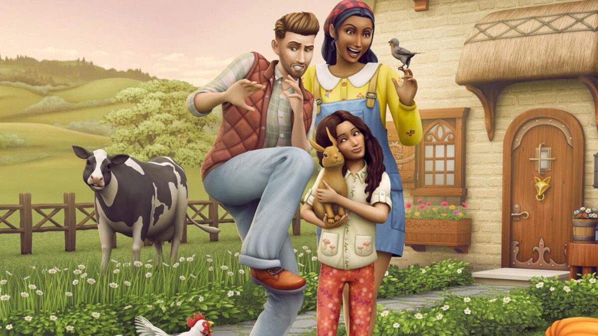 Sims 4 Landhaus-Leben Guide Sim-Ehepaar mit Kind, das Hasen im Arm hält vor einem Cottage