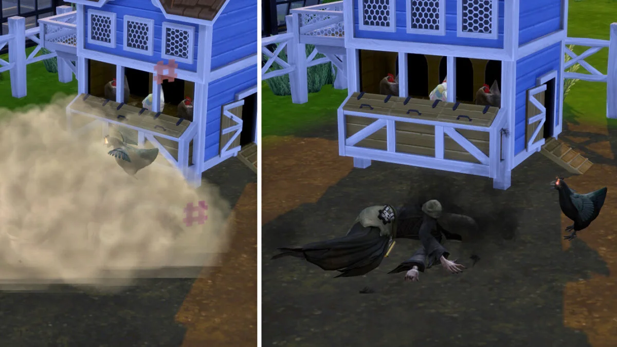 Sims 4 Landhaus-Leben Guide Schwarzes Huhn mit leuchtenden Augen vermöbelt den Sensenmann