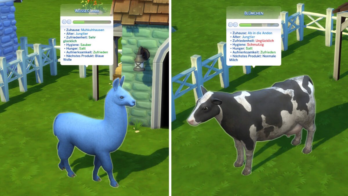 Sims 4 Landhaus-Leben Guide Llama und Kuh mit Übersichts-Anzeige zu den Tier-Werten