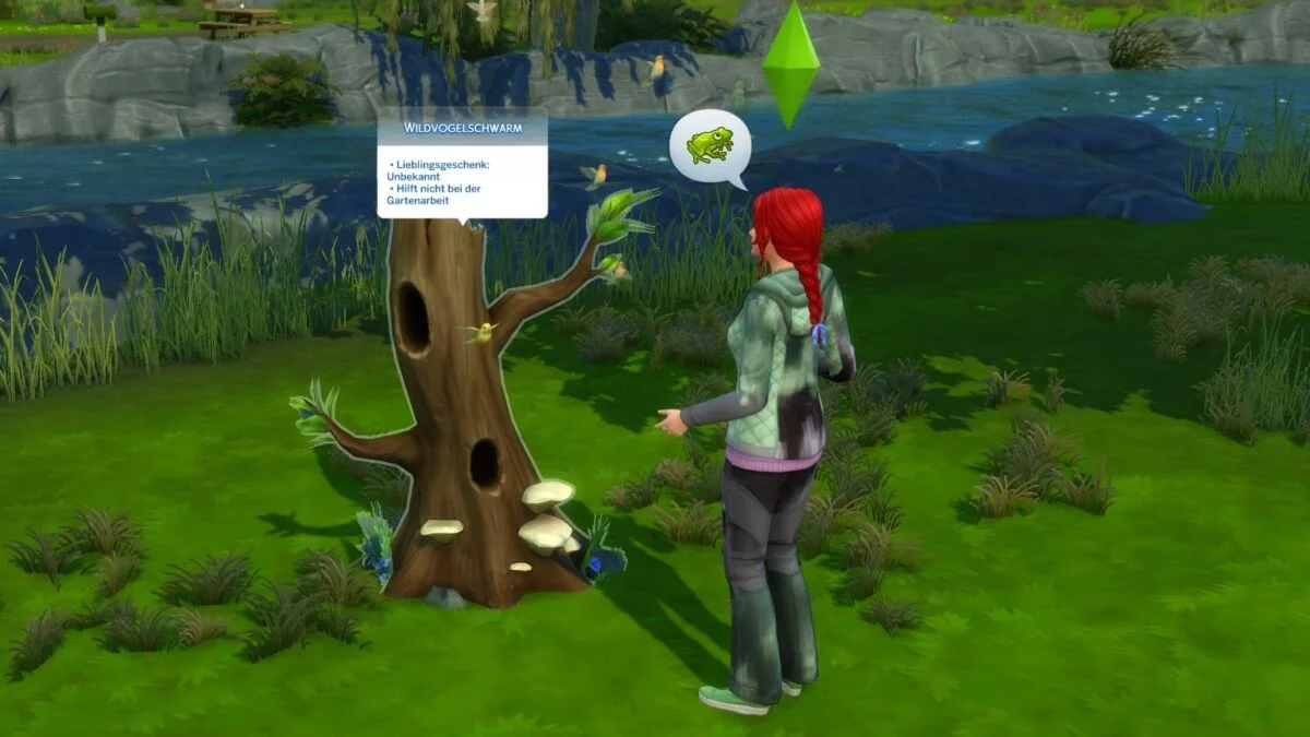 Sims 4 Landhaus-Leben Guide Sim-Frau spricht mit Vögeln in einem hohlen Baumstamm