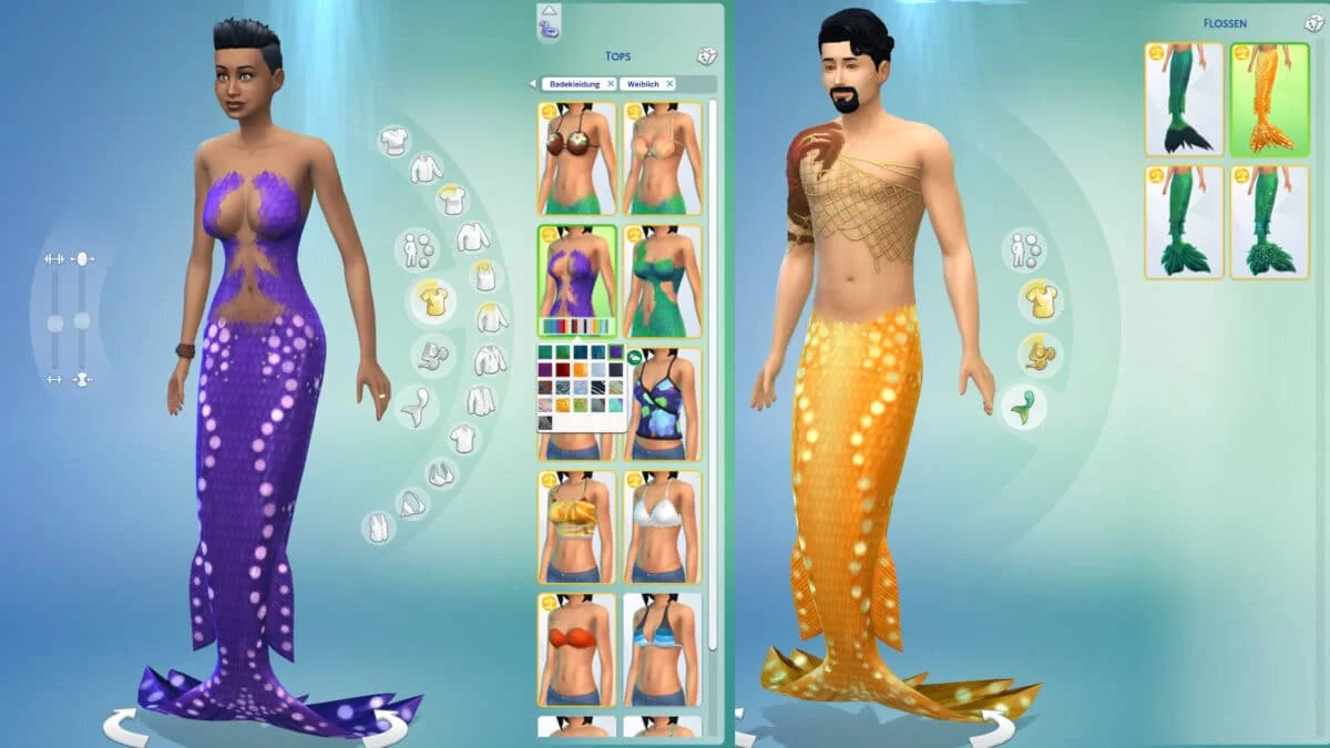 Eine männliche und eine weibliche Meerjungfrau im Create-A-Sim-Modus.