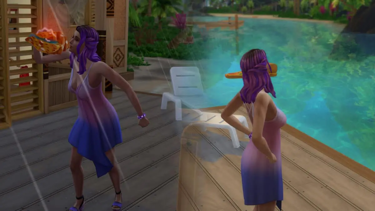 Mit einer Muschel und einem Zauber verändert eine Sims 4 Meerjungfrau das Wetter von Regen zu Sonnenschein.