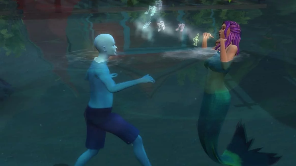 Eine Sims 4 Meerjungfrau bezirzt durch ein Lied einen vor ihr schwimmenden Alien-Sim.