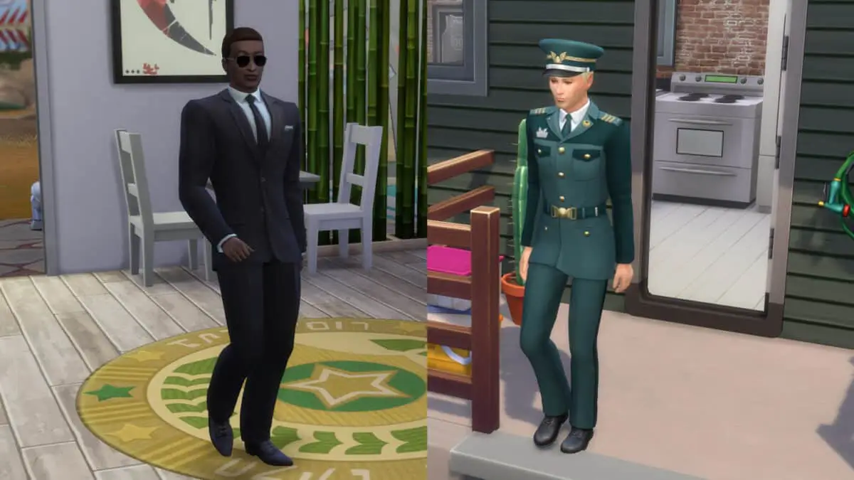 Zwei Sims aus dem Sims 4 Militär in ihrer Berufskleidung.