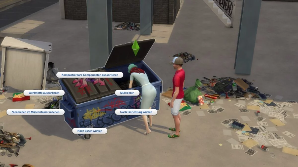 Simfrau wühlt in Müllcontainer