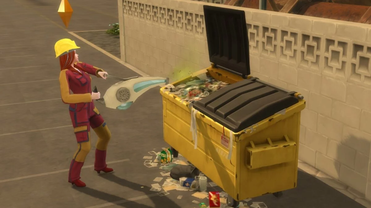 Simfrau leert Handstaubsaugerartiges Gerät an Müllcontainer