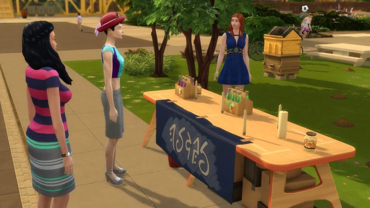 Simfrau verkauft an Tisch Waren an Nachbarn