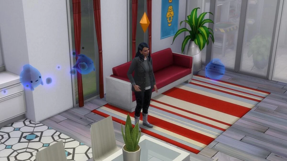 Sims 4 Paranormale Phänomene Sim-Frau spricht in Wohnzimmer mit mehreren blauen Geistern