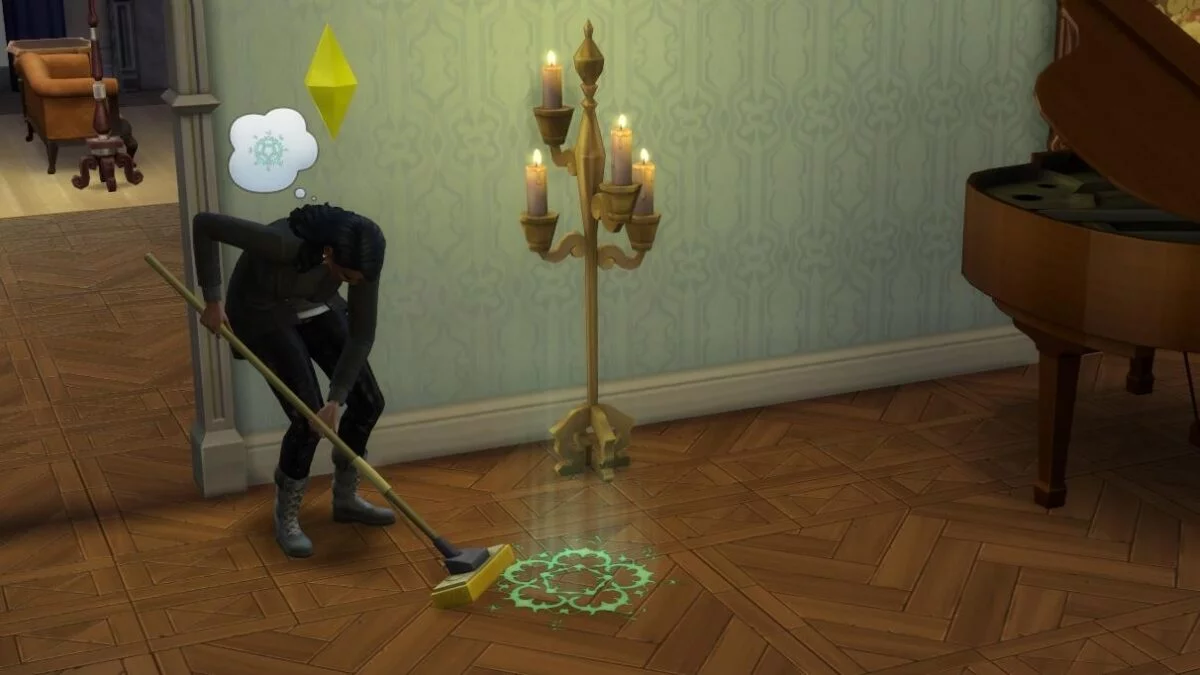 Sims 4 Paranormale Phänomene Sim-Frau wischt mit Schrubber okkultes Symbol weg