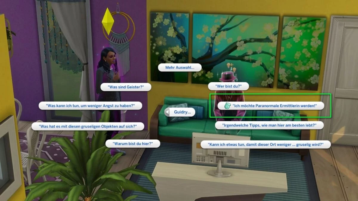 Sims 4 Paranormale Phänomene Frage an Geist Guidry nach Ermittler-Lizenz in Auswahlmenü