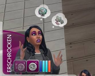 Sims 4 Paranormale Phänomene Sim-Frau im Stimmungszustand "Erschrocken" mit zwei Verängstigt-Moodlets