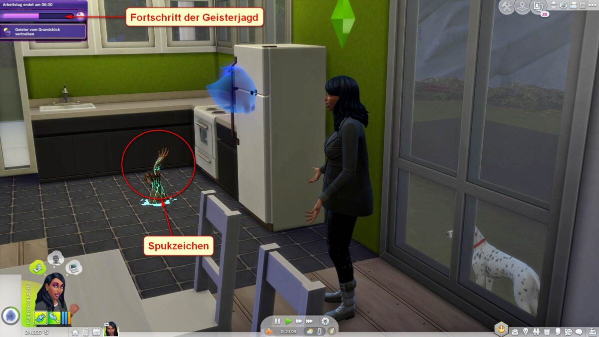 Sims 4 Paranormale Phänomene Sim-Frau spricht mit bauem Geist mit sichtbarem Geisterjagd-Fortschrittsbalken