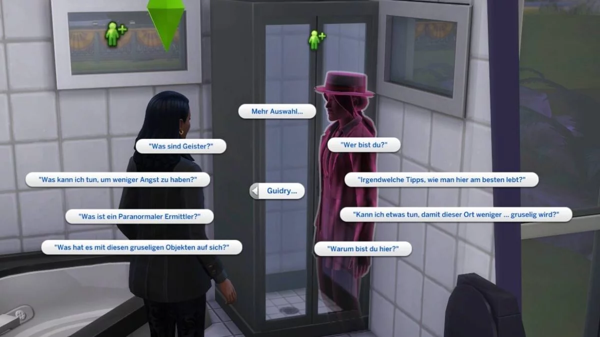 Sims 4 Paranormale Phänomene Menüauswahl möglicher Fragen von Sims an den pink gefärbten Geist Guidry in Badezimmer