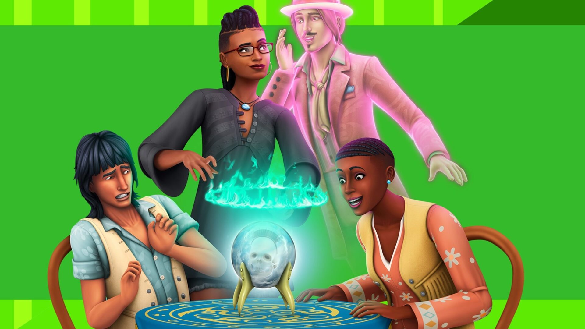 Sims 4 Paranormale Phänomene-Guide Drei Sims und ein Sim-Geist bei einem Séance-Tisch
