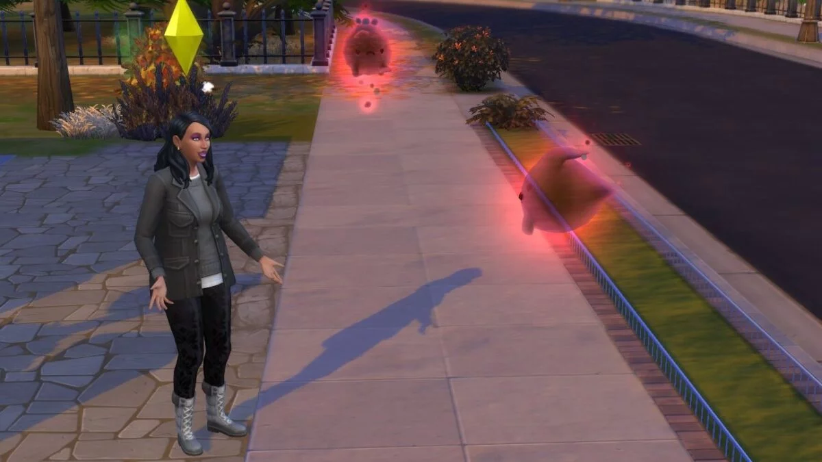 Sims 4 Paranormale Phänomene Sim-Frau spricht auf Straße mit roten Geistern