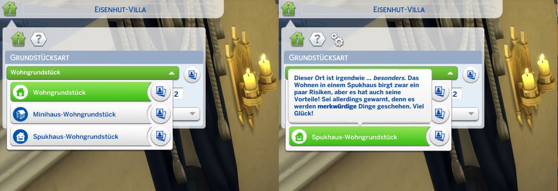 Sims 4 Paranormale Phänomene Hausmenü mit Einstellungsmöglichkeit für ein Spukhaus-Wohngrundstück