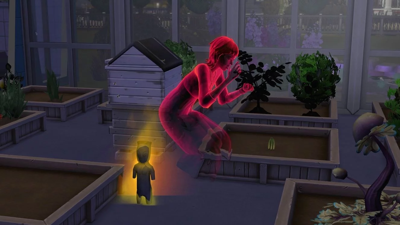 Sims 4 Paranormale Phänomene rot leuchtender Geist vor brennender Götzenstatuette auf dem Boden