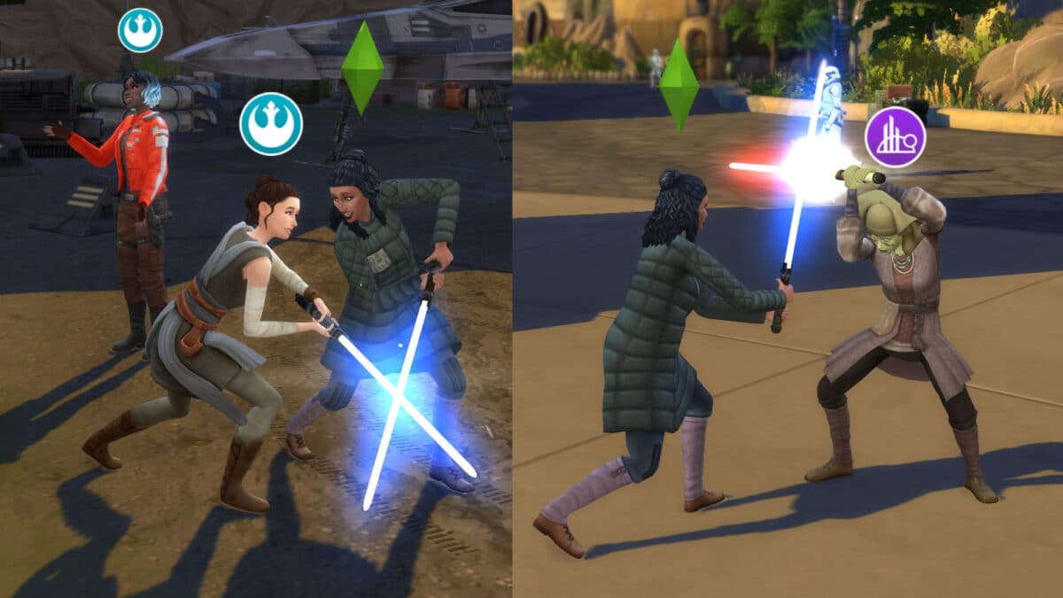 Sims 4 Reise nach Batuu Sims beim Lichtschwertkampf