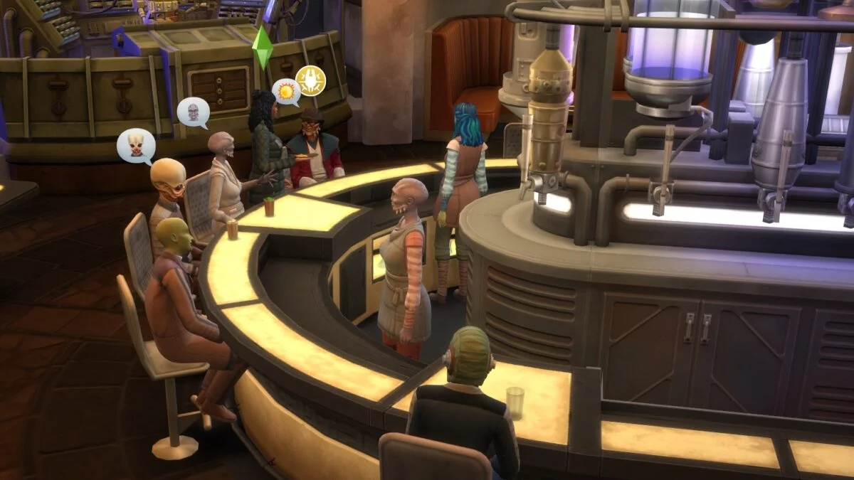 Sims 4 Reise nach Batuu Simfrau isst und unterhält sich mit anderen Sims in Oga's Cantina