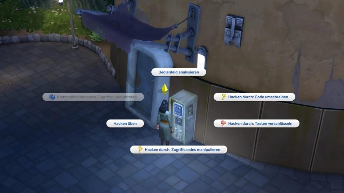 Sims 4 Reise nach Batuu Sim probiert Hack-Optionen an Bedienpanel aus