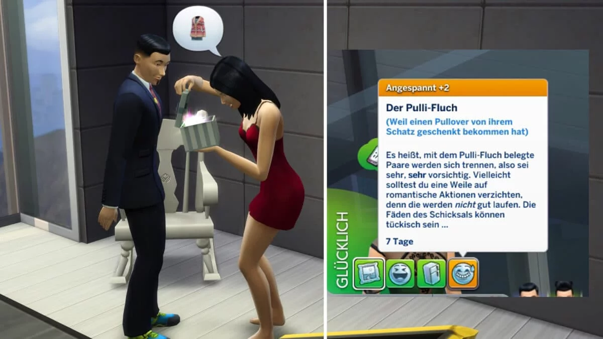 Sim überreicht Simfrau Geschenk, Pulli-Fluch-Moodlet