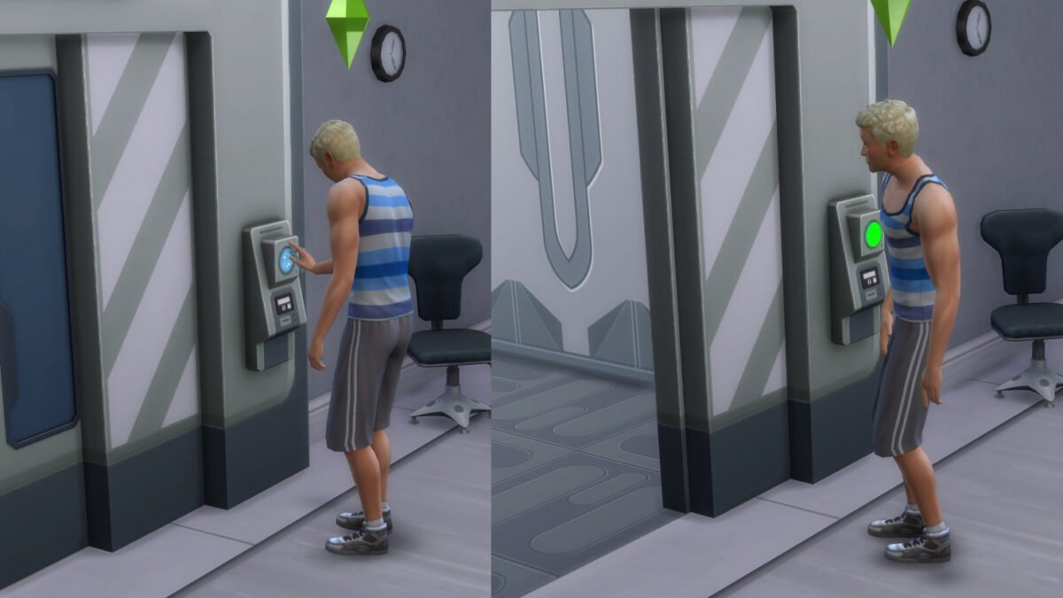 Sims 4 StrangerVille Sim öffnet Sicherheits-Labortür mit Schlüsselkarte und tritt ein
