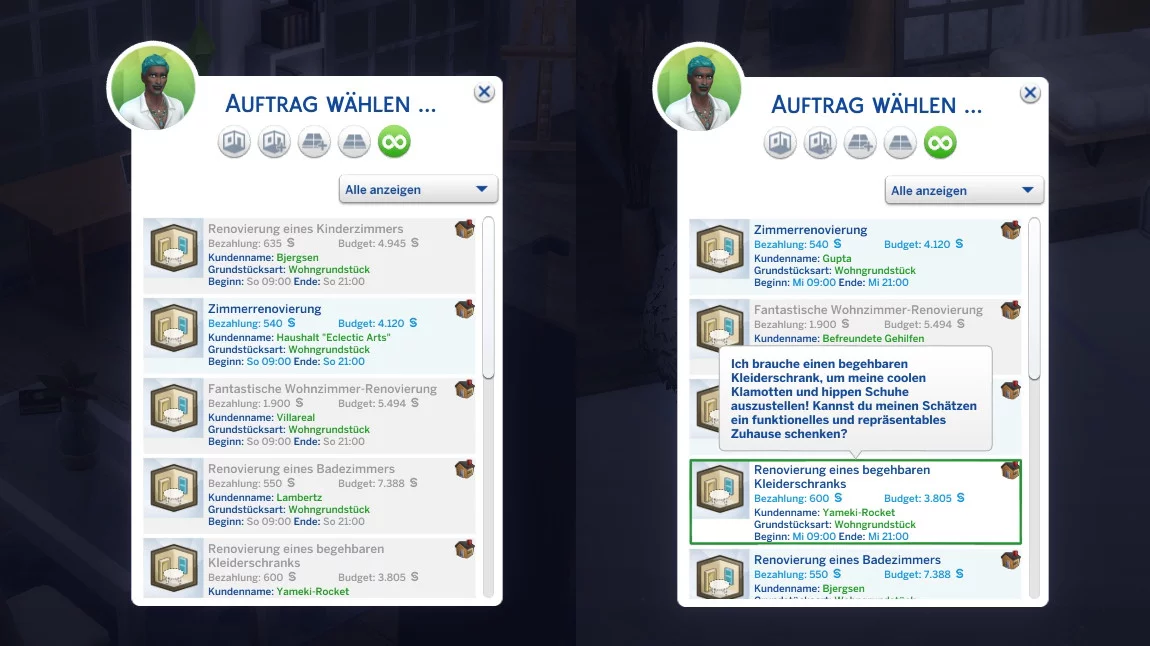 Sims 4 Traumhaftes Innendesign Auftragsübersicht mit mehr Informationen über einen Auftrag