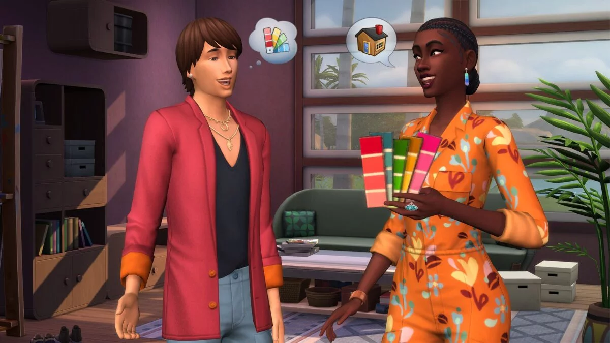 Sims 4 Traumhaftes Innendesign Innendesignerin zeigt Kunden Farbtafeln zur Auswahl